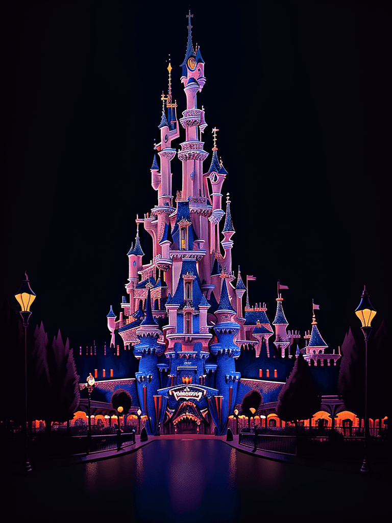 AI generated: a artwork illustration, disneyland paris, night, high contrast, by Simon Stalenhag, wide angle, mons...