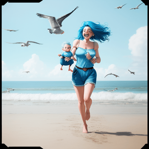AI generated: happy super-mom with blue hair pixar-like holding baby pixar-like running along a virtual beach with...