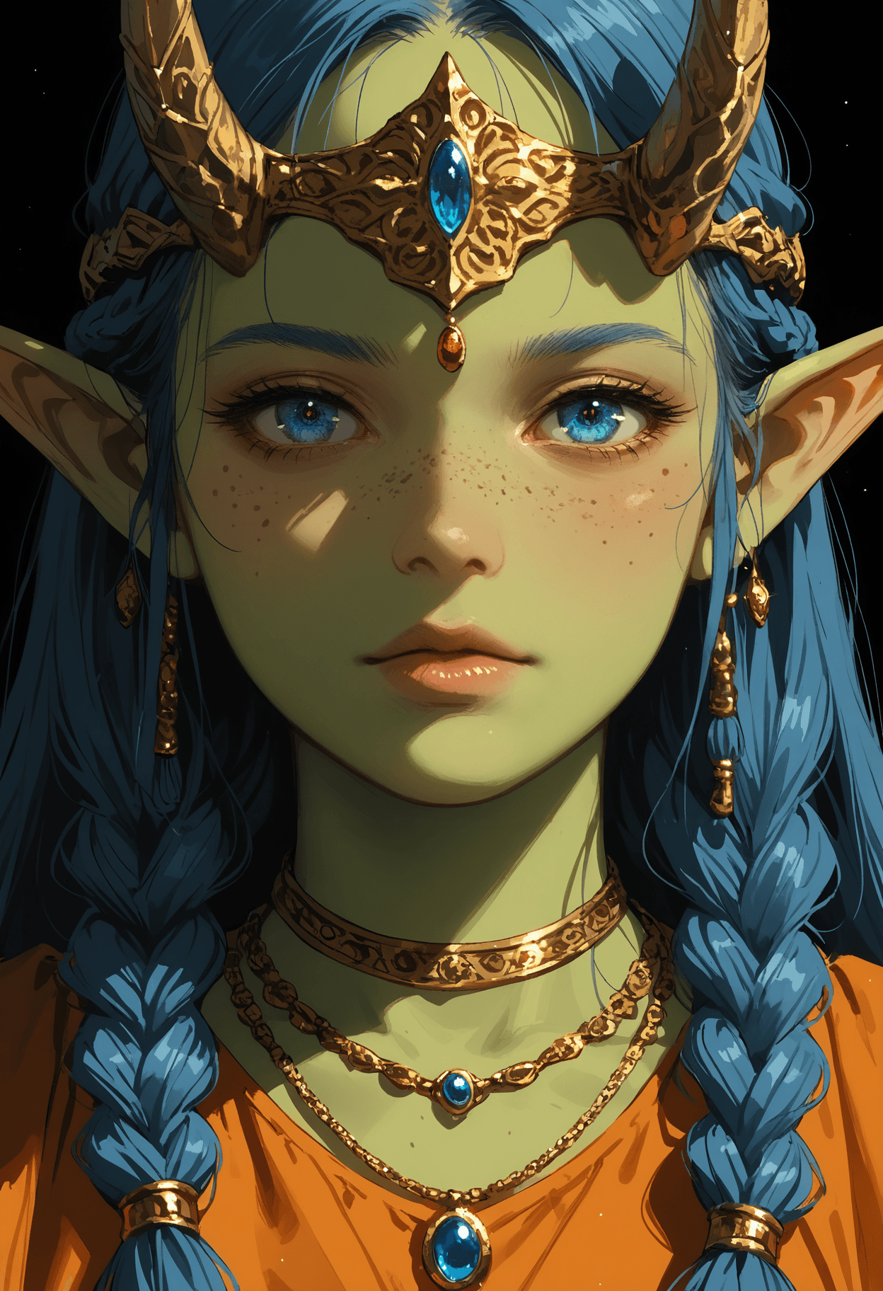 AI generated: score_9, score_8_up, score_7_up,source_anime,blue hair, braided hair, long hair, elf ears, horns,gre...