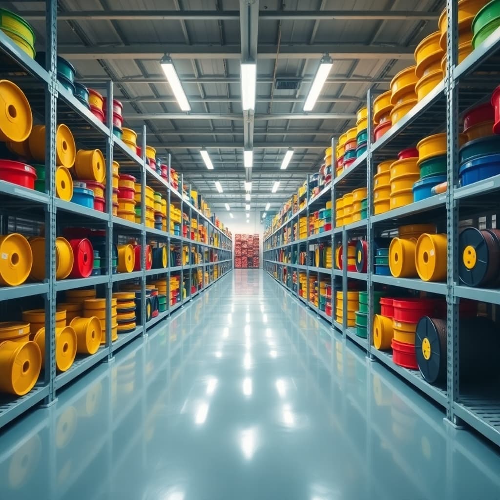 AI generated: A symmetrical view of an industrial storage facility with metal shelving, showcasing rows of colorfu...