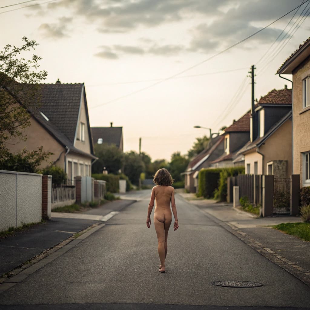 AI generated: A girl in daylight, walking naked in the street full body view her height is approximately 150-155 a...