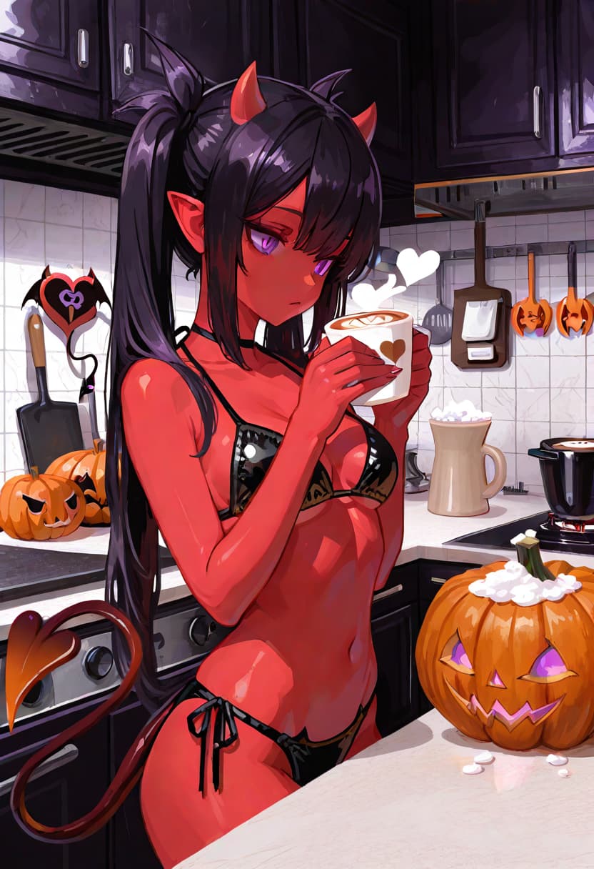 AI generated: ((holding_cup, coffee, latte, foam_art, heart_symbol , kitchen, pumpkin-spice)) black_bikini (((demo...