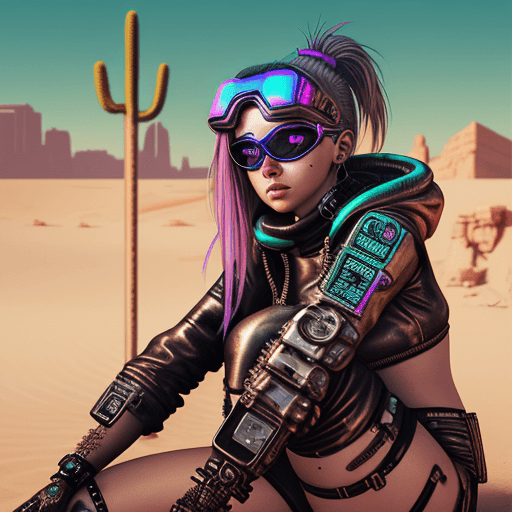 AI generated: female character wearing goggles while sitting in the desert, in the style of cyberpunk imagery, rea...