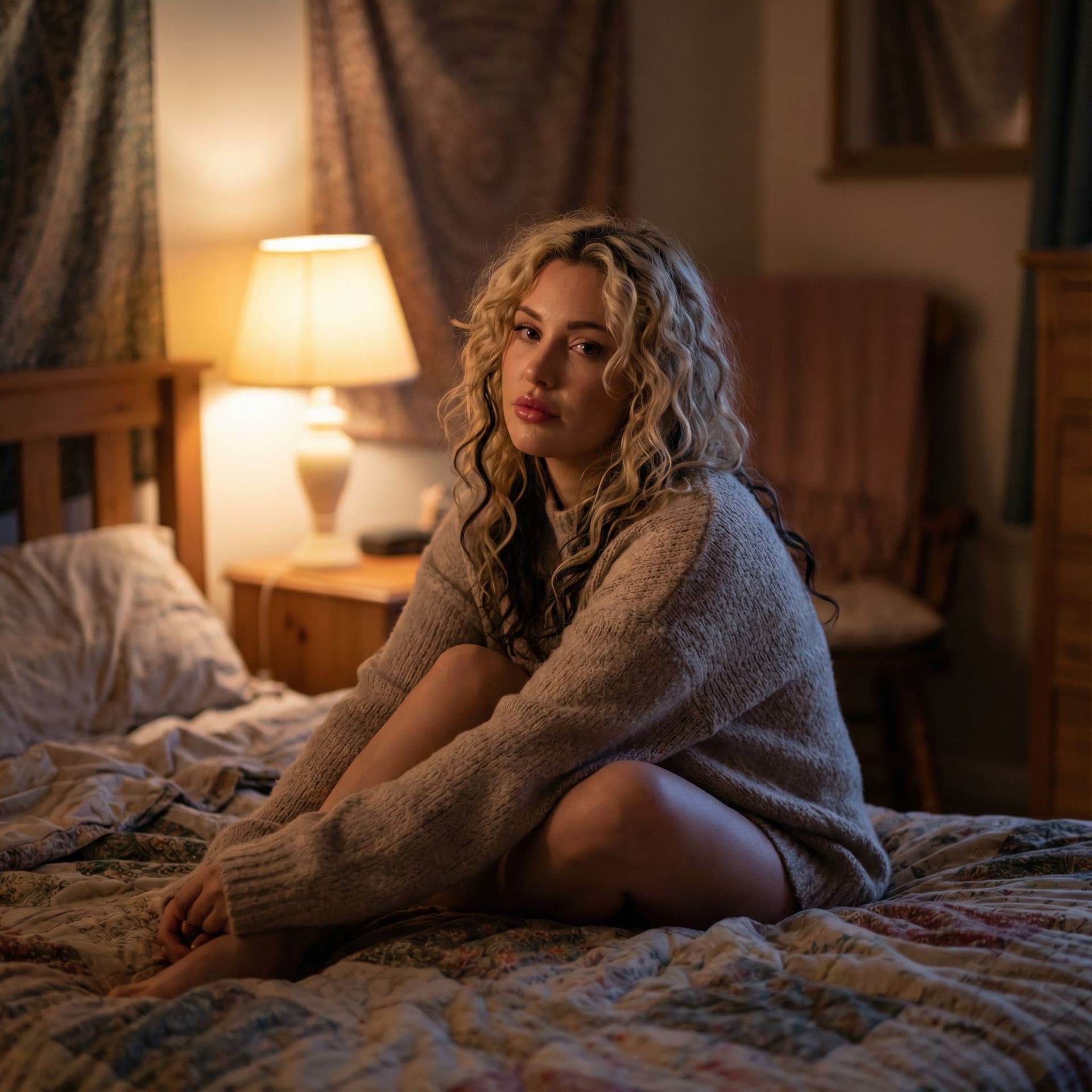 AI generated: A fit adult woman with soft, natural skin tones sits on a bed in a dimly lit room. Her blonde with d...