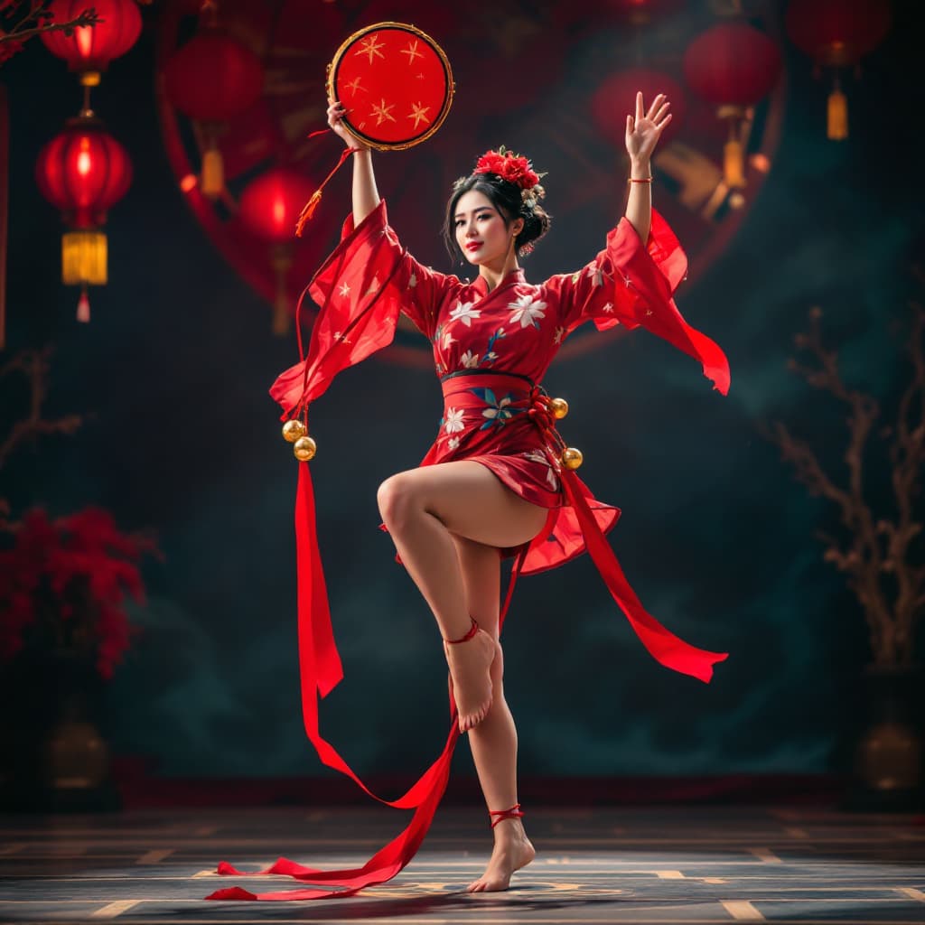 AI generated: Full body view of a beautiful corean woman, short black hair, flower in hair, Very short red flored ...