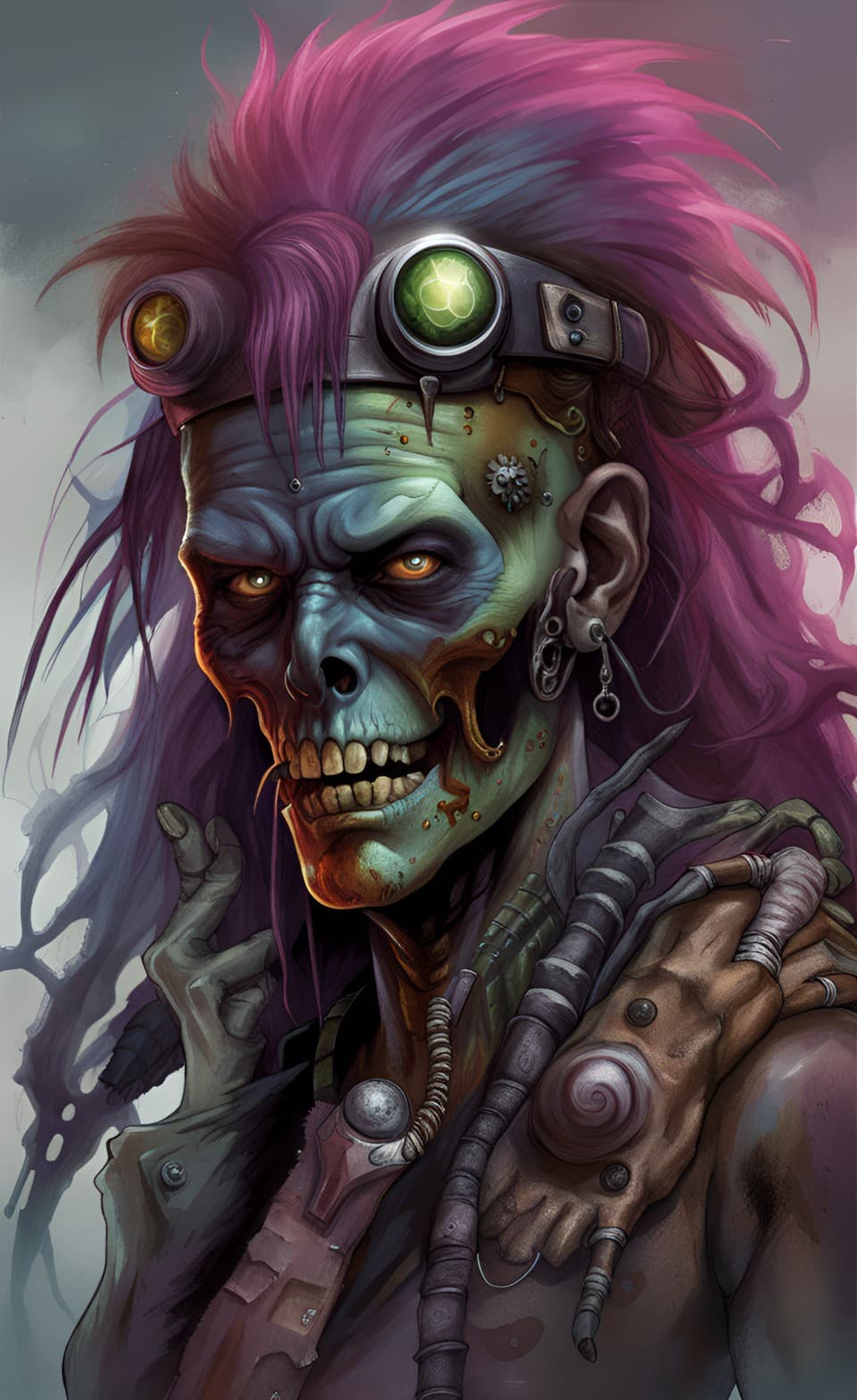 AI generated: A portrait poster of a Future punk metal tech zombie emerging from a future utopian world, zombie vi...