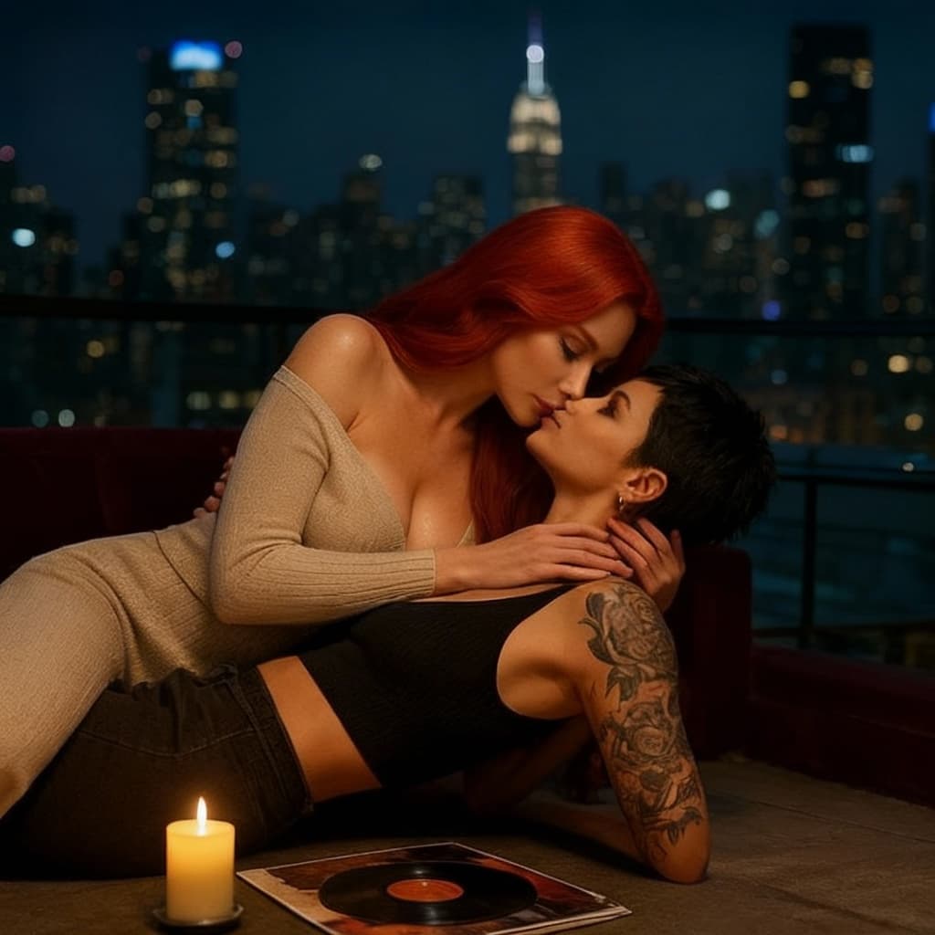 AI generated: The models cuddle in together closer , tilting heads, staring at their loved ones lips, one hand on ...