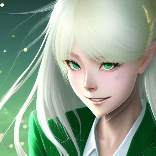 AI generated: 
girl with long platinum blond hair in green blazer and white blouse, azure eyes, shy smile, in the ...