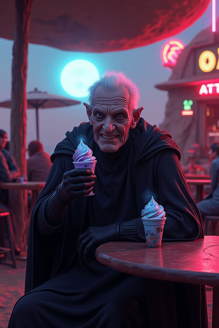 AI generated: Emperor Palpatine, in full dark Sith robes, sits ominously at an alien strandbar on a dusty desert p...