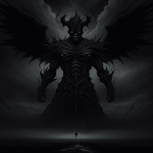 AI generated: "An intimidating and terrifying demon with a grotesque appearance stands in a nightmarish, dark land...