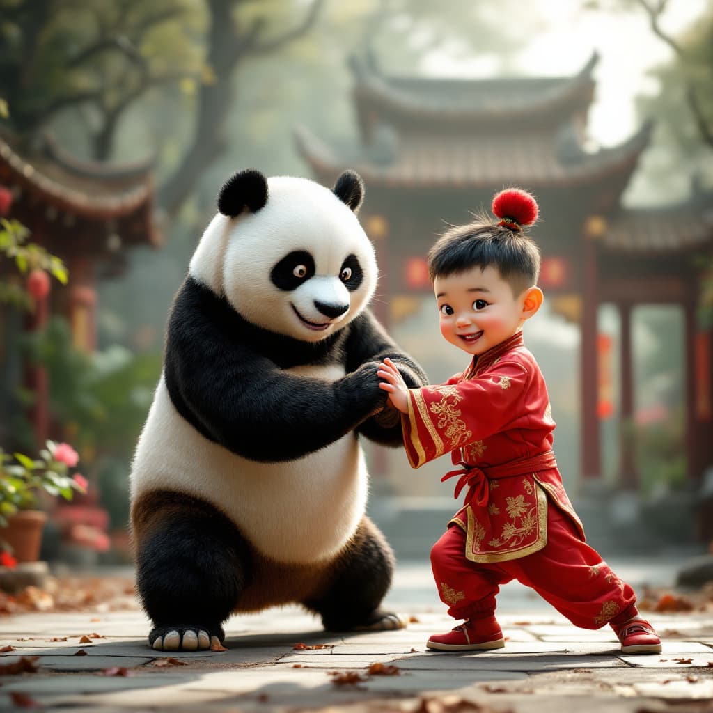 AI generated: A cute Chinese little boy wearing traditional Chinese and the giant panda from Kung Fu Panda in real...