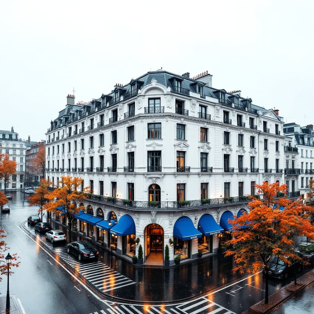 AI generated: Grand European hotel facade on a rainy autumn day.  Classic architectural style,  white stucco build...