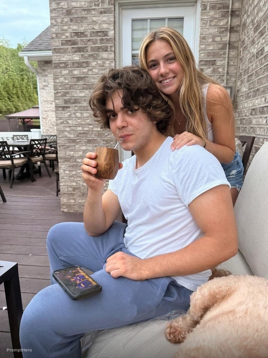 AI generated: Scene with a beautiful blond girl behind him with her hand on his shoulder 