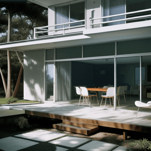 AI generated: Hyper realistic eye level exterior photo of a mid century modern style house overlooking the ocean, ...