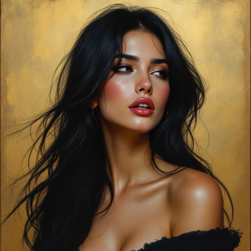 AI generated: a woman with long black hair in a gold painting, in the style of charlie bowater, dark blue and dark...
