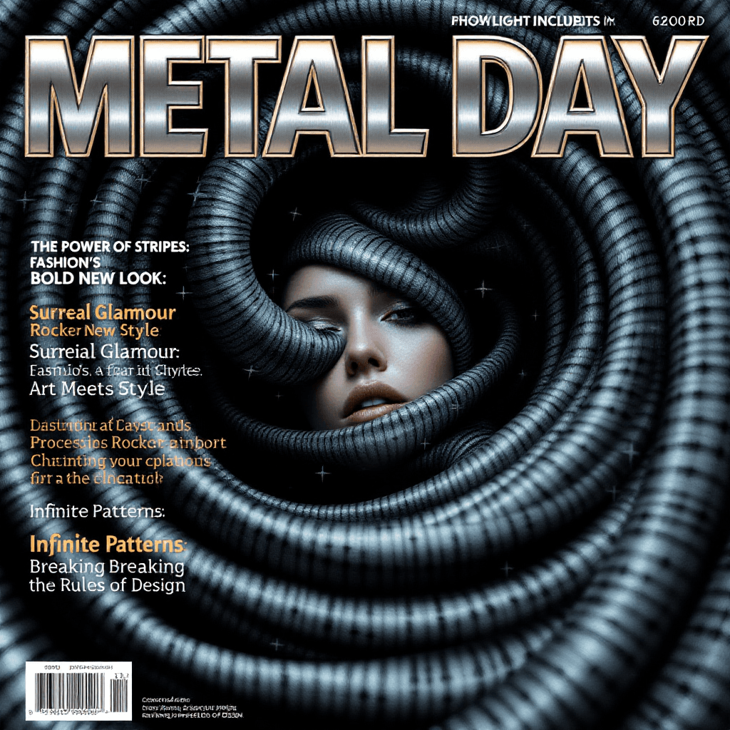 AI generated: METAL DAY magazine cover featuring a mesmerizing ROCKER woman wrapped in a swirling vortex of CROSSE...