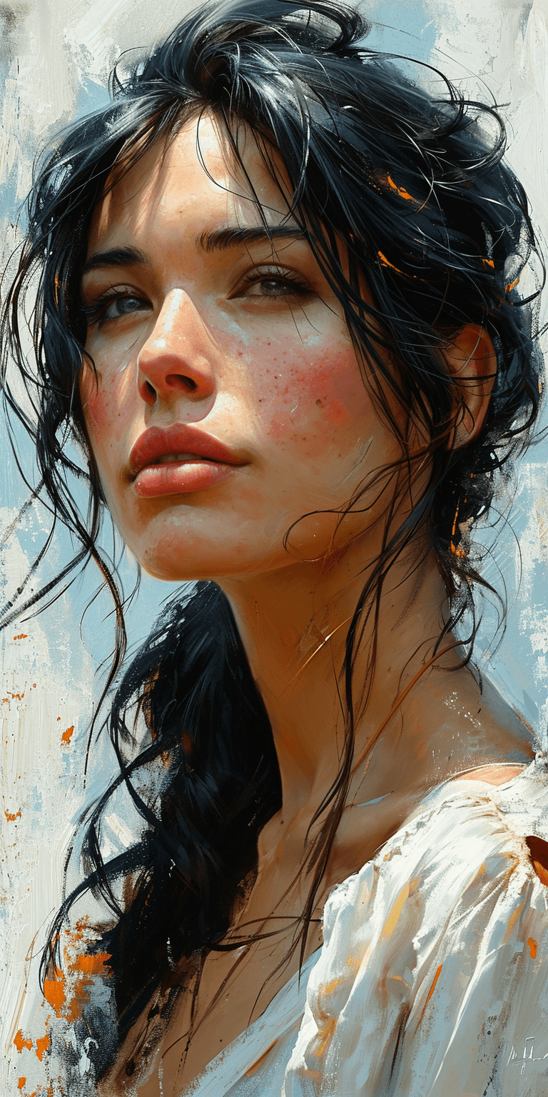 AI generated: an oil painting of a woman with long black hair, in the style of mike deodato, contemporary middle e...