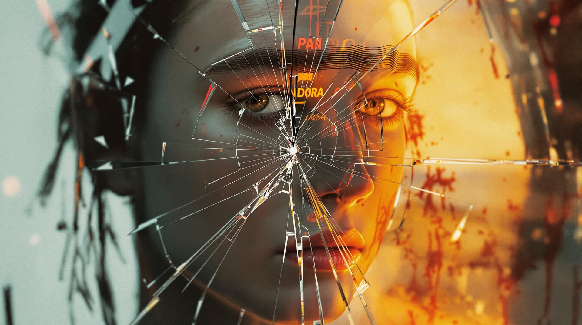 AI generated: Researcher's face glitching between human and robot, broken mirror reflection showing PANDORA logo, ...