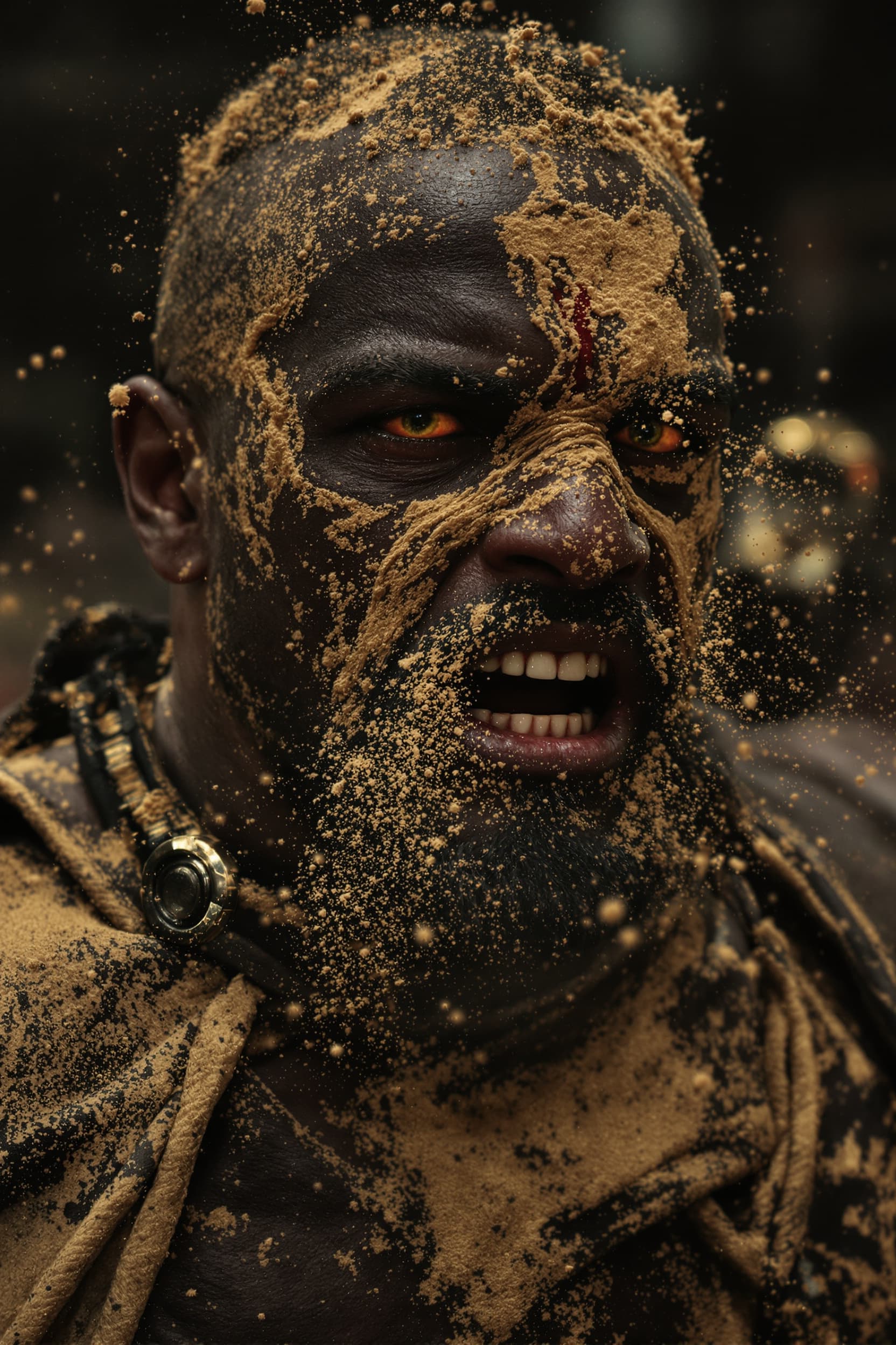 AI generated: The African American gladiator stands after the battle, fear and horror on his face, tired and beate...