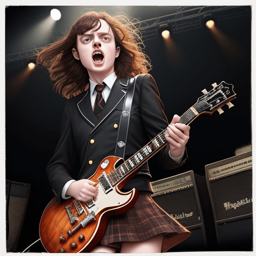AI generated: Brown haired woman as a metal music guitarist Angus Young, brown hair, pale white skin, brown eyes, ...