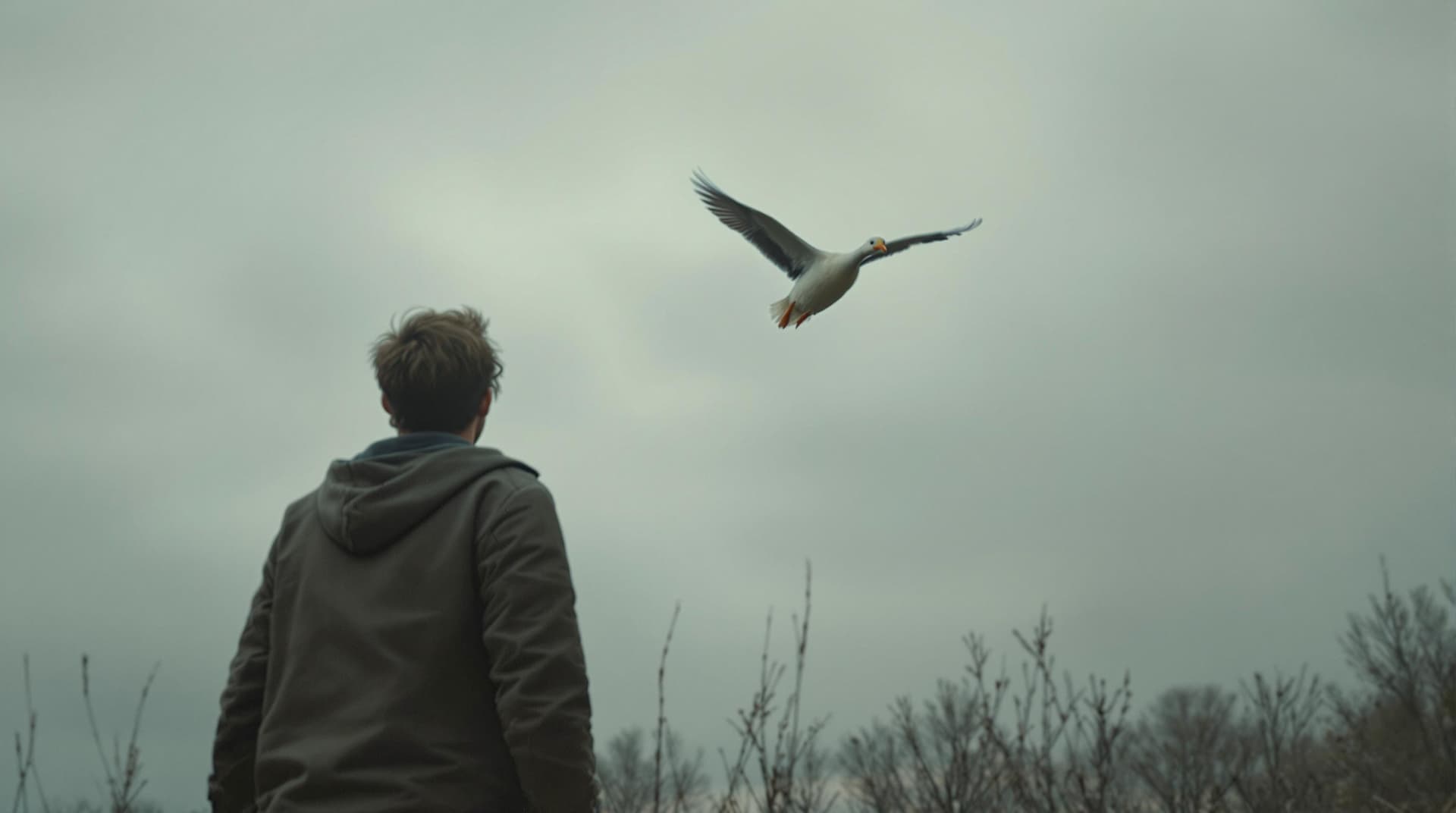 AI generated: Cinematic shot of a loving man standing above a very happy duck flying across the sky. Muted tones, ...
