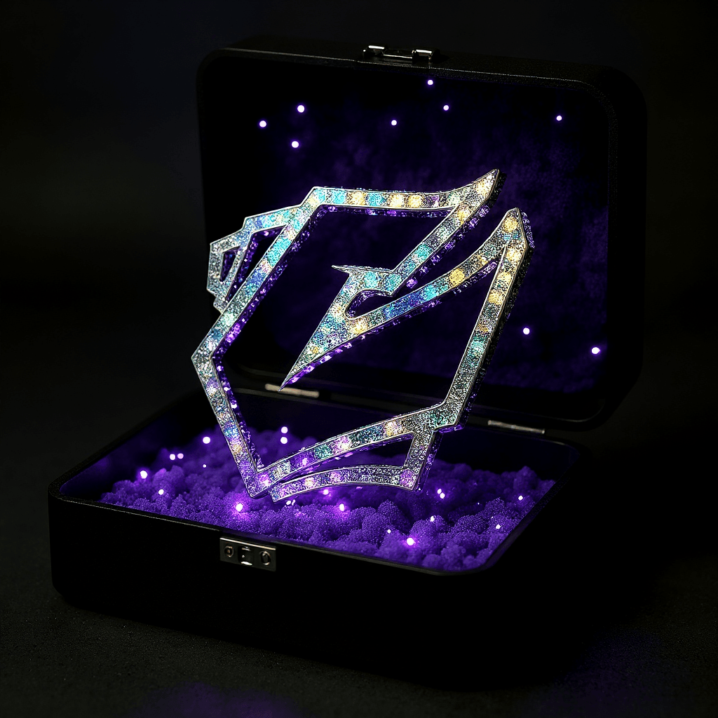 AI generated: CREATE A 3D BIG BLING BLING LOGO ICED OUT, SHOW IT IN A BLACK CASE WITH PURPLE SAMT IN IT, HQ, RELEC...
