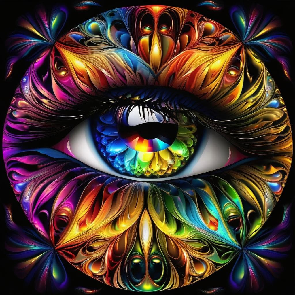 AI generated: Caleidoscope eyes, made from the fractalius effect, intricate, rainbow colors, fractals, glowing spa...