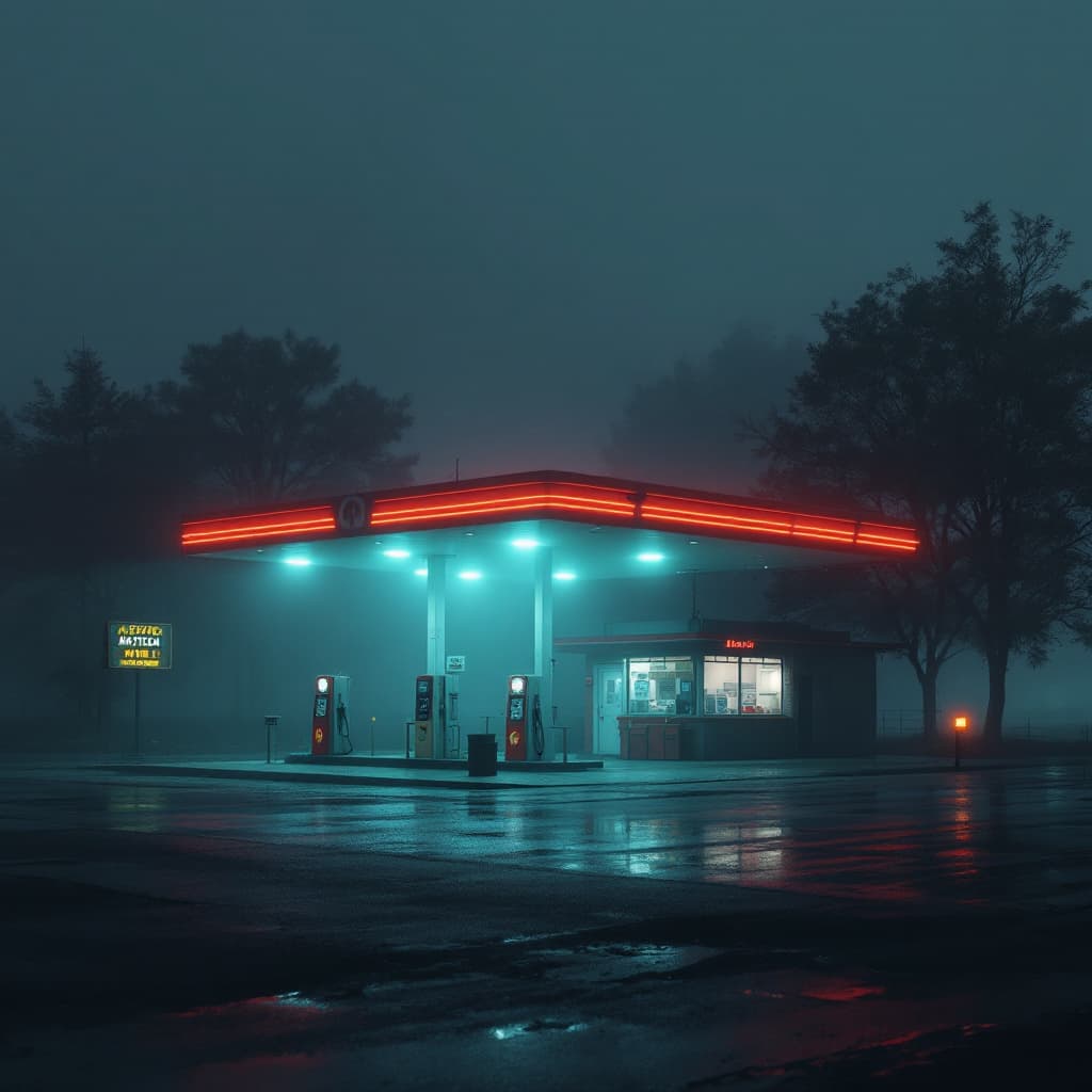 AI generated: a highly detailed photography of a single gas station with a light sign in the fog, red tint, 1980s,...