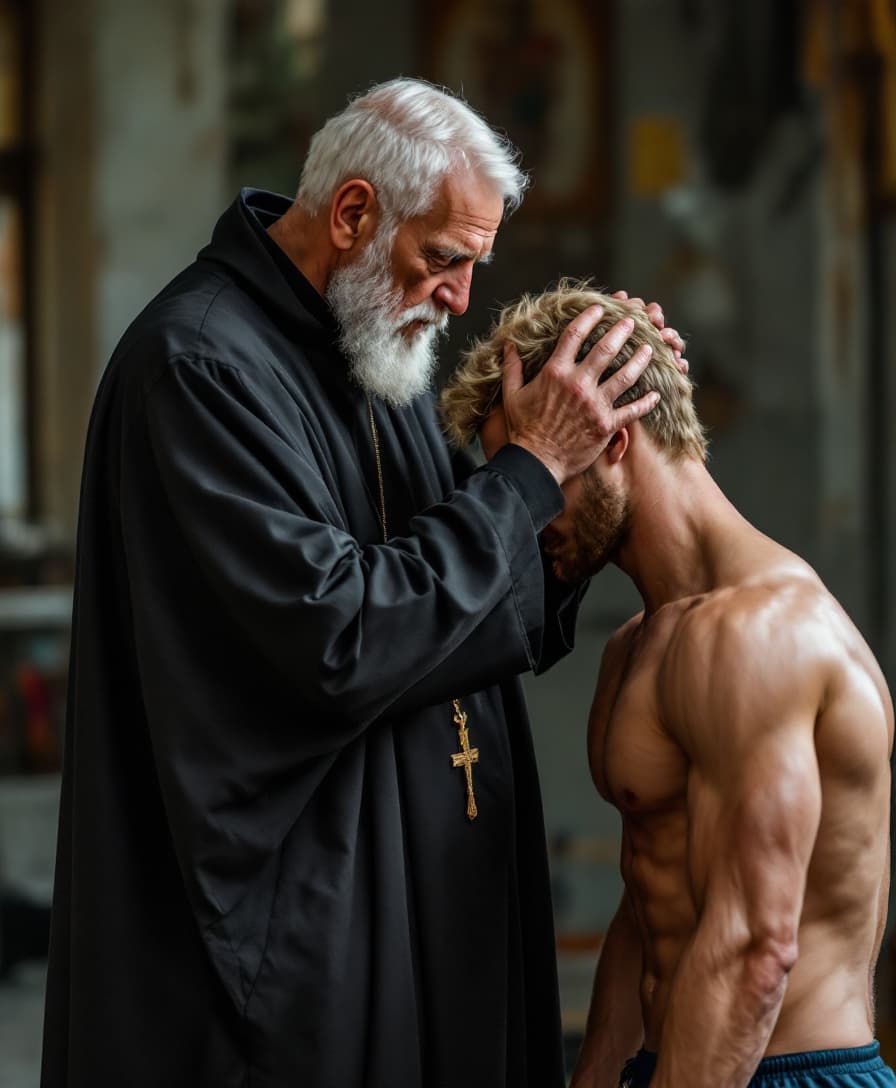 AI generated: high-resolution photo of a skinny elderly catholic priest, next to muscular, young man with light bl...