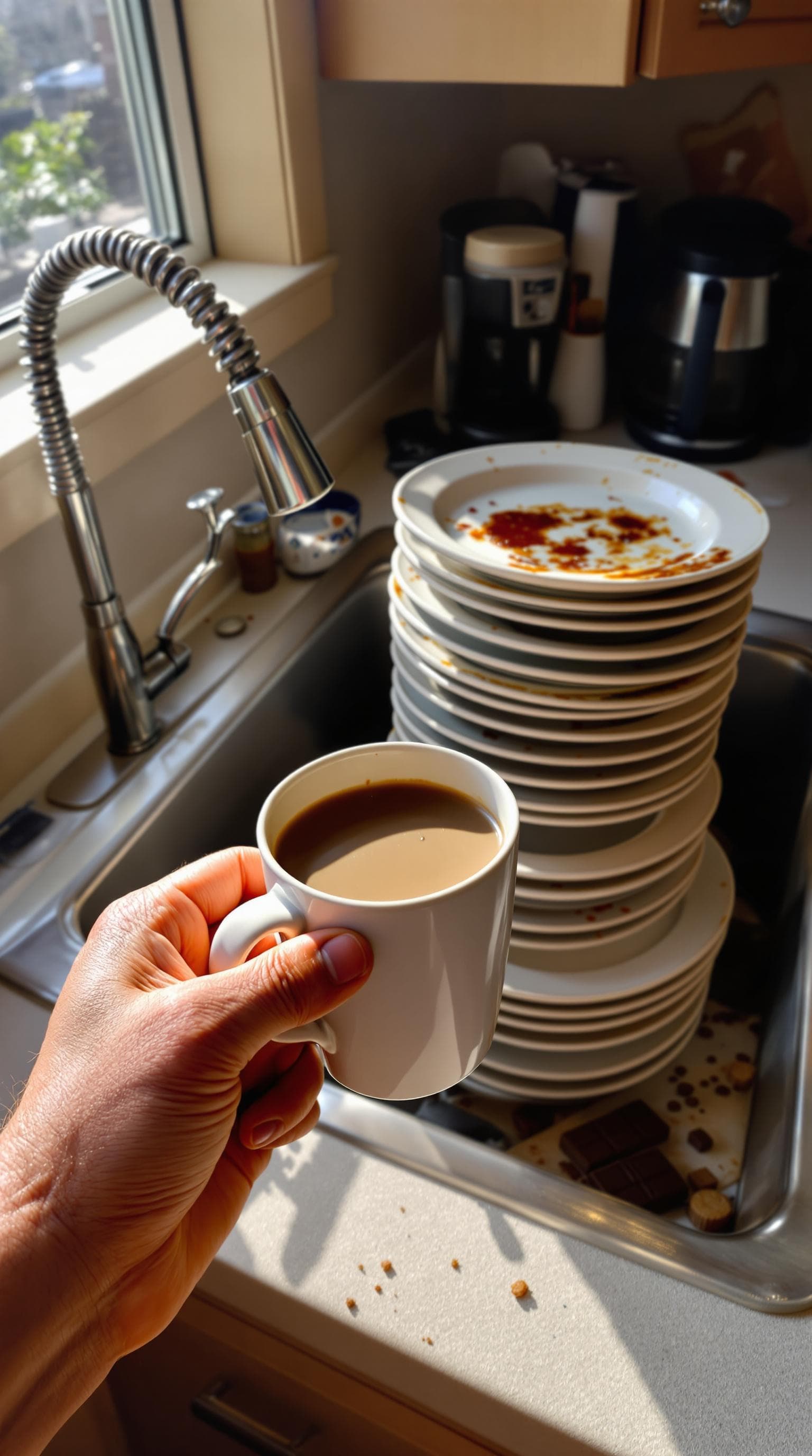 AI generated: POV first-person, I am standing in my kitchen, holding a cup of coffee. Only my hands are visible in...