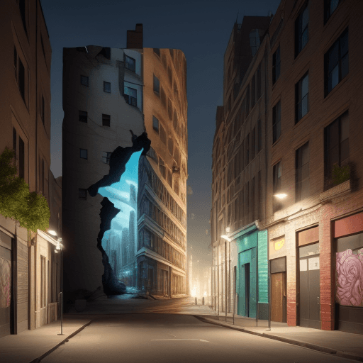 AI generated: A mural that appears to be a large hole in the side of a building. The style is 3D street art. The l...