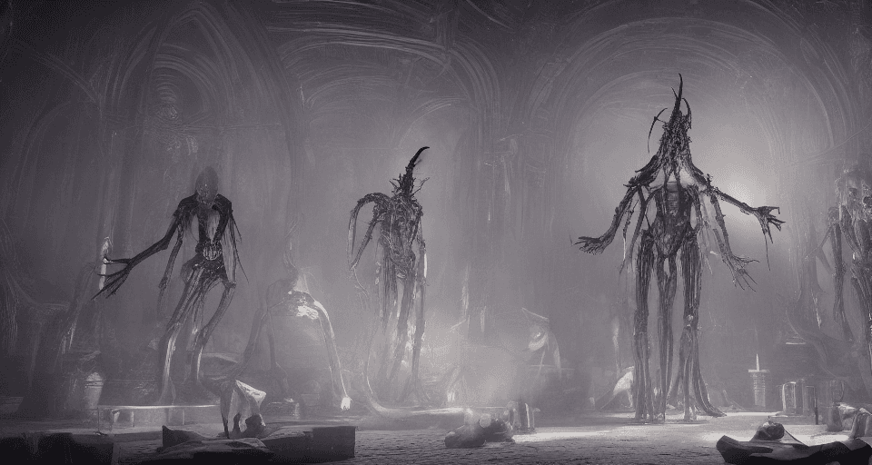 AI generated: occult group of people worshipping to a cybernetic lucifer with horns of sharp bones, cable and tube...
