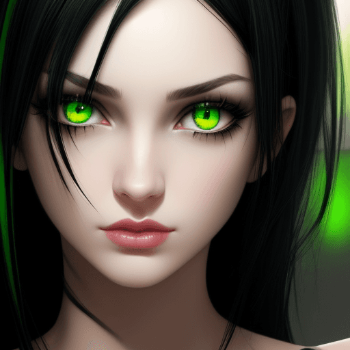 AI generated: A girl with black hair ((pitch black)) and green eyes ((Poison green))