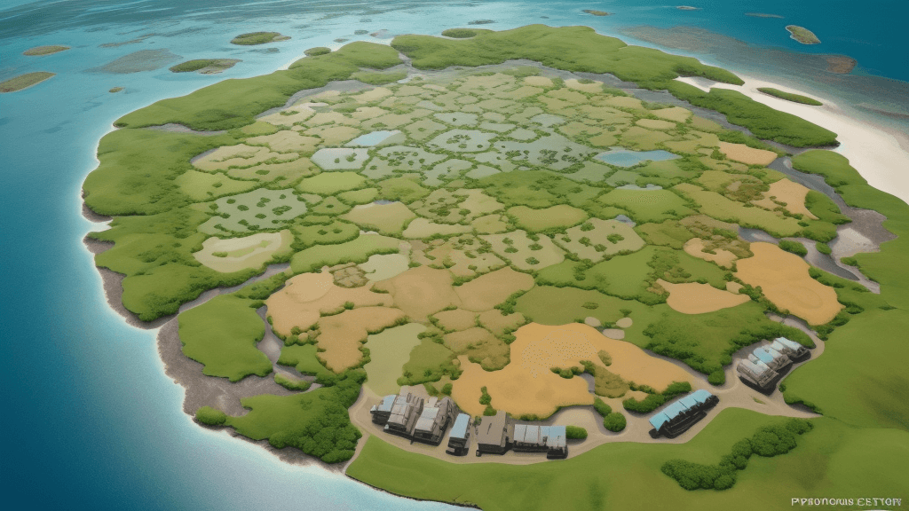 AI generated: bird's eye view high up looking down on an island like settlers of catan. you can see the mainland i...
