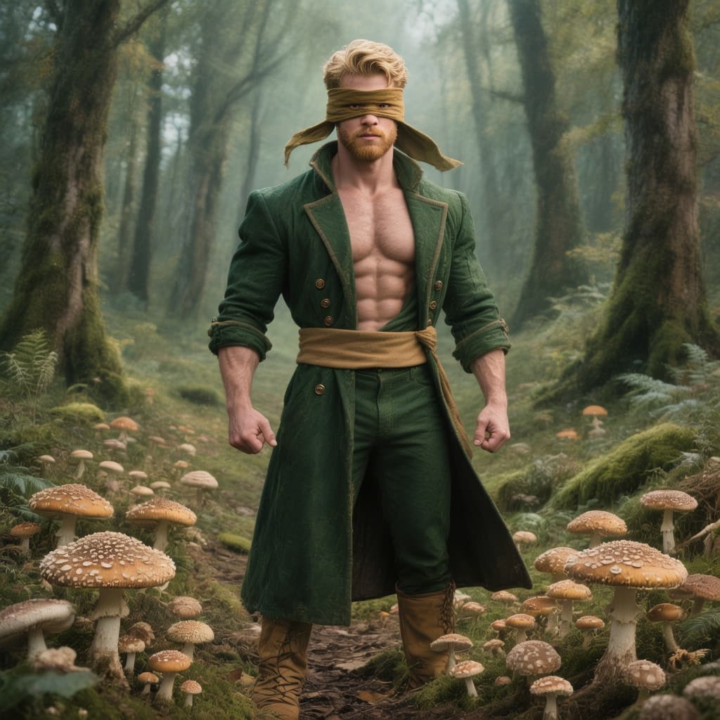 AI generated: an attractive muscle man with the power to control mushrooms wearing a dark forest green coat with a...