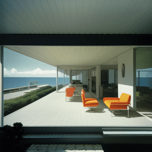 AI generated: Hyper realistic eye level exterior photo of a mid century modern style house overlooking the ocean, ...