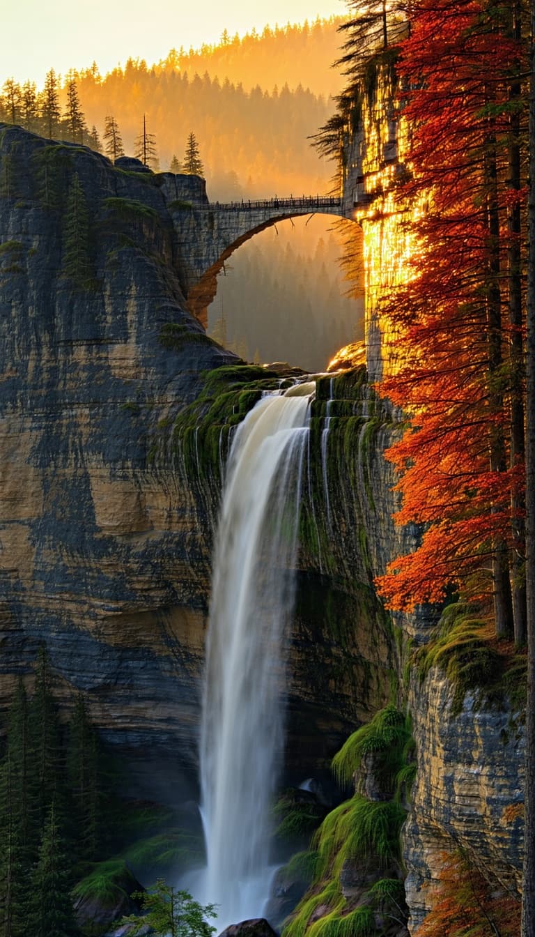 AI generated: A majestic waterfall cascades down a mountainside covered in vibrant autumn foliage of deep reds, or...