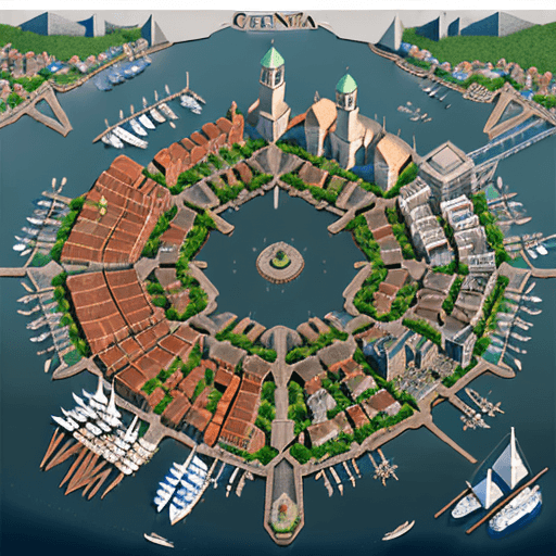 AI generated: large port city that include buildings, common town looks, including the harbor district, the old to...
