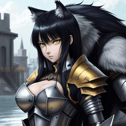 AI generated: perfect anime quality, masterpiece, wolf girl, blue and yellow eyes, black hair, armored, big chest