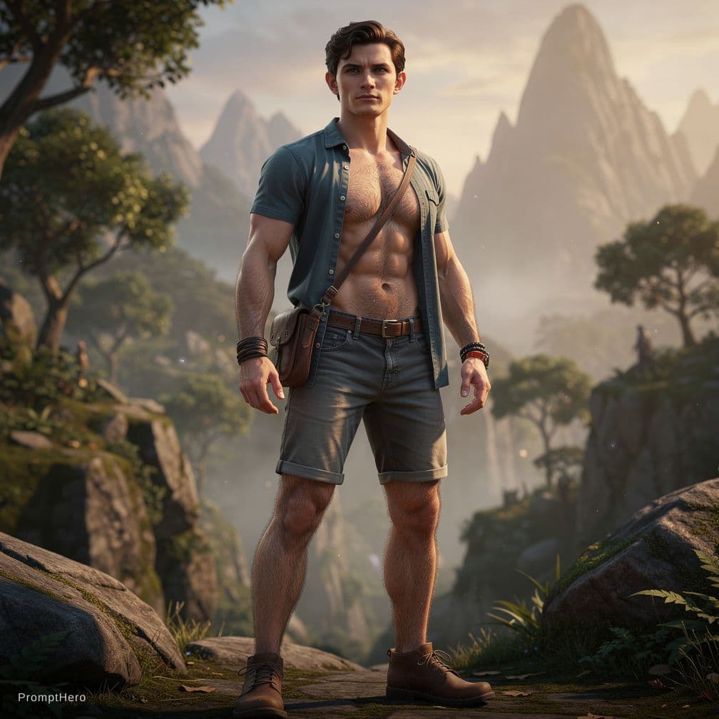 AI generated: Tom Holland, caucasian complexion, big muscles and big thighs, dark-brown hair, in his thirties, He ...