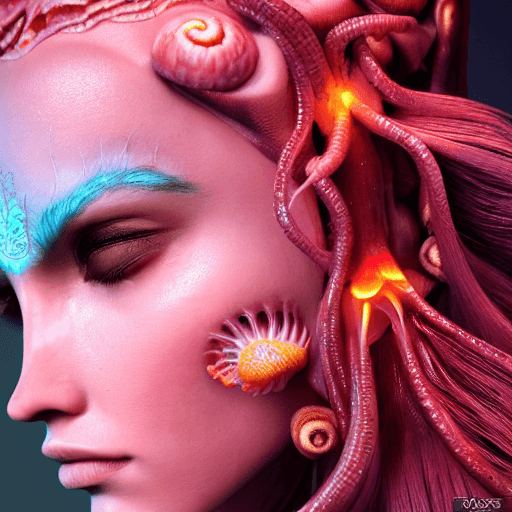 AI generated: goddess close-up portrait ribcagel. jellyfish phoenix head, nautilus, orchid, skull, betta fish, bio...