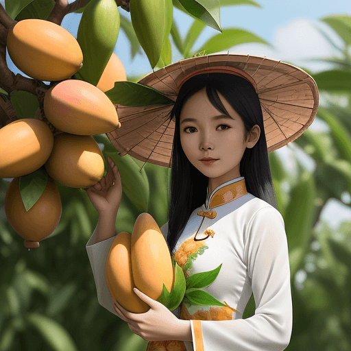 AI generated: A Vietnamese girl wearing a traditional ao dai, holding a conical hat with many mangoes and mango le...