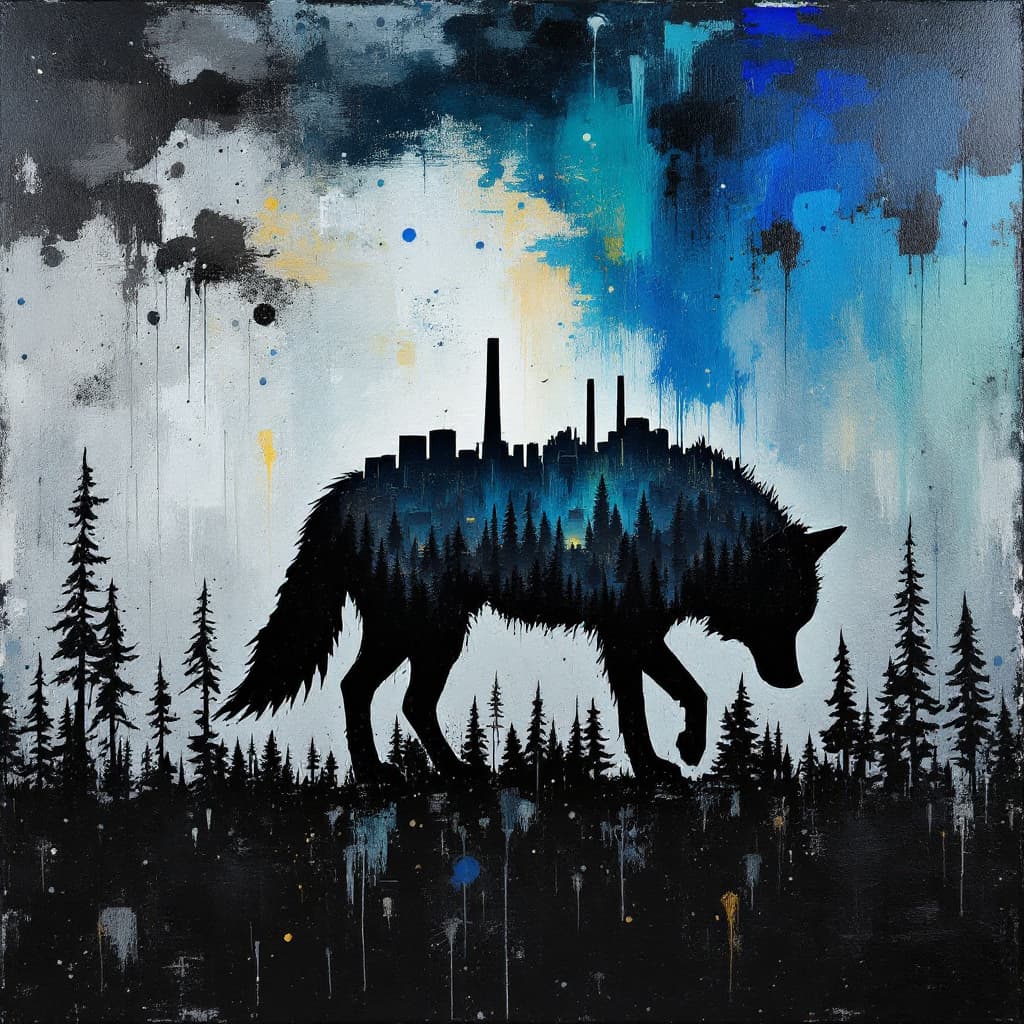 AI generated: oil painting, cardboard like silhouette of a wolf, head down, low tail, dramatic background, Pollock...