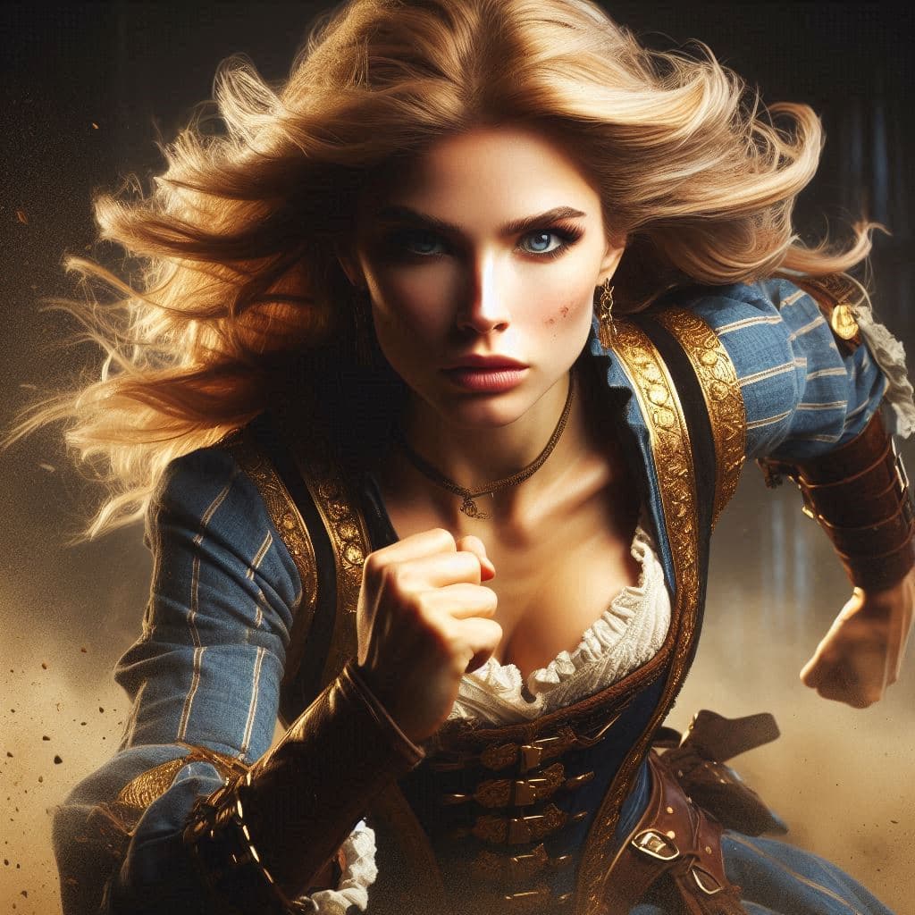 AI generated: She has an angry look on her face. Blonde hair and blue eyes. She wears a steampunk renaissance dres...