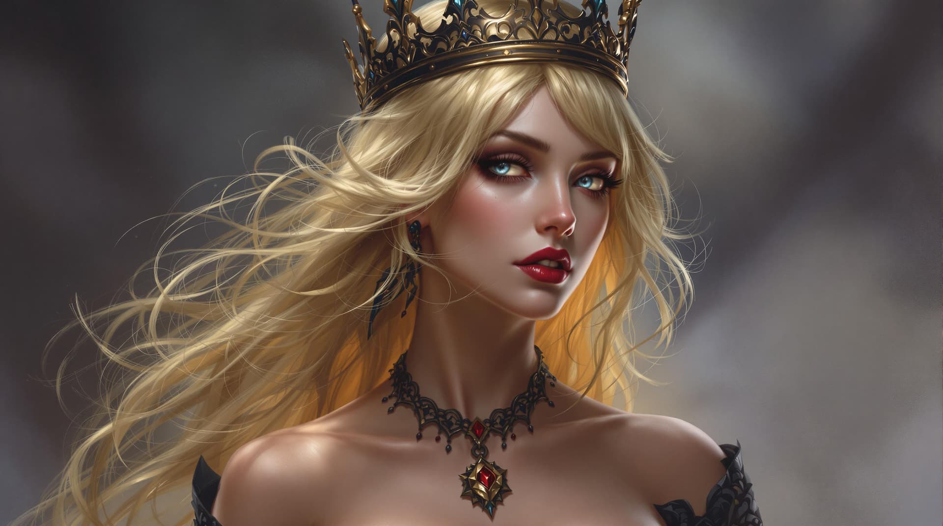 AI generated: a woman with blonde hair and a crown on her head is wearing a necklace, Anne Stokes, gothic art, hig...