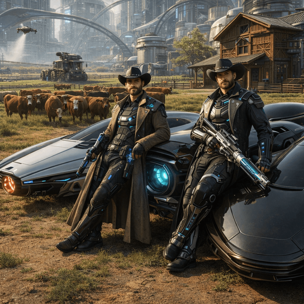 AI generated: Create an image of two futuristic Human Cowboys, posing comfortably on their futuristic farm. Behind...