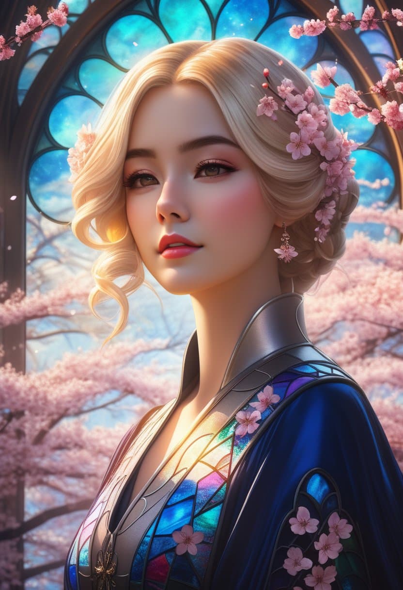 AI generated: Cherry blossom blonde empress, forest glossy, HD, colorful, stained glass, universe, digital portrai...