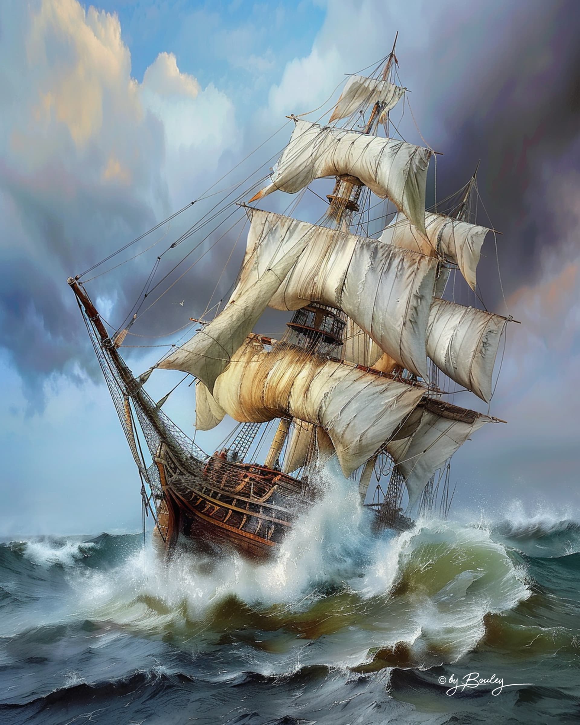 AI generated: A Full-rigged tall ship of the line from the 1600th century is sailing in the rough high sea riding ...