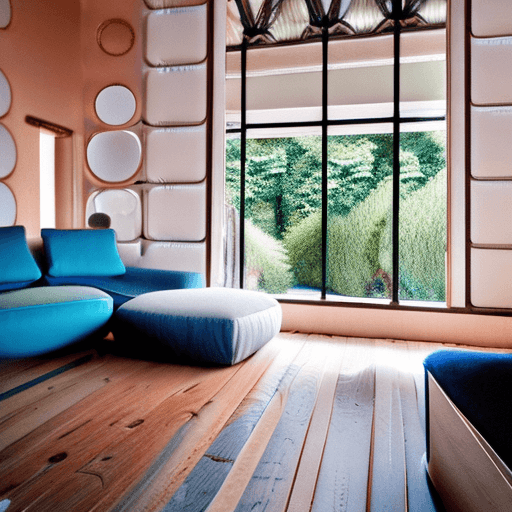AI generated: High resolution photography interior design, dreamy sunken living room conversation pit, wooden floo...