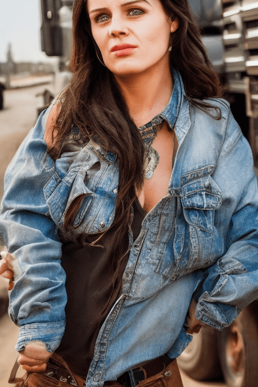 AI generated: gorgeous female dressed as truck driver, truck in background, attractive, flirting, dirty clothes, d...